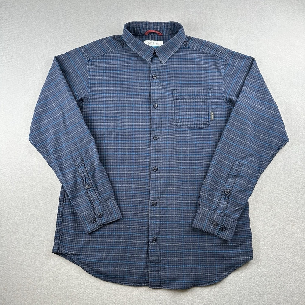 Columbia Button Front Shirt Mens Large Blue Gray Plaid Long Sleeve Cotton L